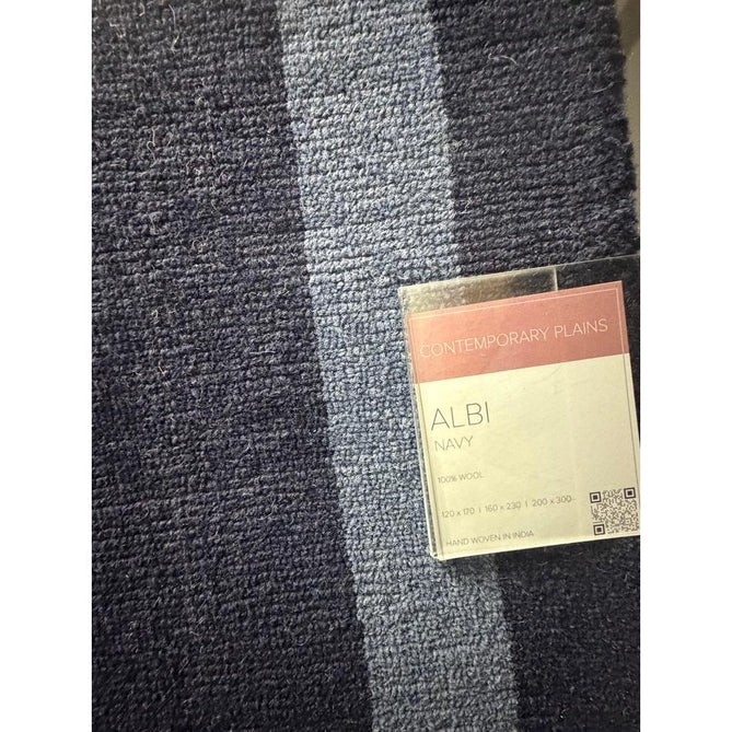 Albi Modern Plain Border Tonal Distressed Hand-Woven Textured Wool Low Profile Tip Sheared Short Pile Navy Rug