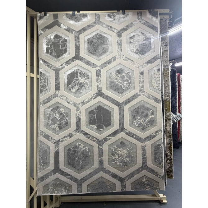 Aurora AU12 Crystal Modern Geometric Hexagonal Distressed Metallic Shimmer Textured High-Density Soft Smooth Low Profile Polyblend Short-Pile Silver/Grey/Beige/Ivory/Charcoal Grey Rug