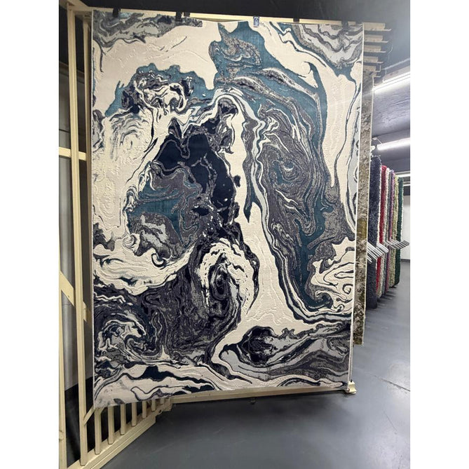 Aurora AU18 Ocean Modern Abstract Distressed Marbled Metallic Shimmer Textured High-Density Soft Smooth Low Profile Polyblend Short-Pile Cream/Navy Blue/Light Blue/Charcoal/Silver/Blue-Grey/Off White Rug