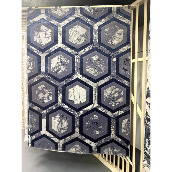 Aurora AU19 Hexagon Modern Geometric Distressed Marbled Metallic Shimmer Textured High-Density Soft Smooth Low Profile Polyblend Short-Pile Cream/Navy Blue/Blue-Grey/Charcoal/Silver/Beige-Grey Rug