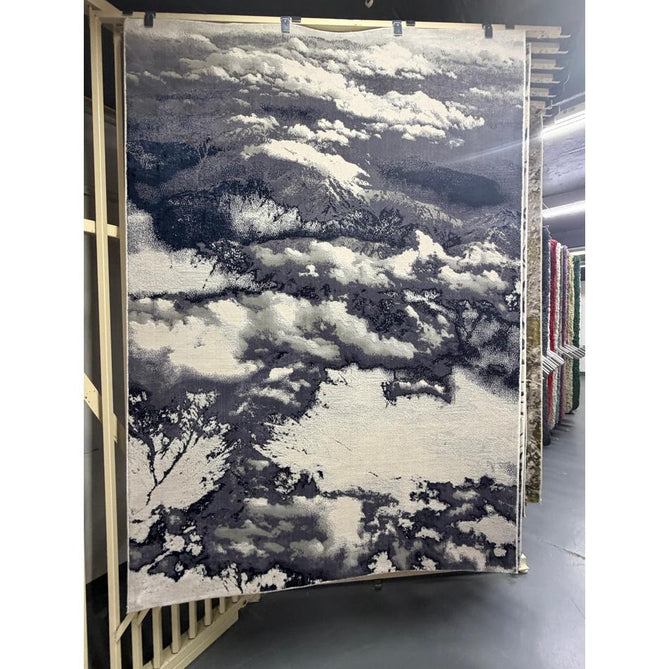 Aurora AU20 Storm Modern Abstract Distressed Marbled Metallic Shimmer Textured High-Density Soft Smooth Low Profile Polyblend Short-Pile Cream/Navy Blue/Charcoal/Silver/Blue-Grey/Pale Beige Rug