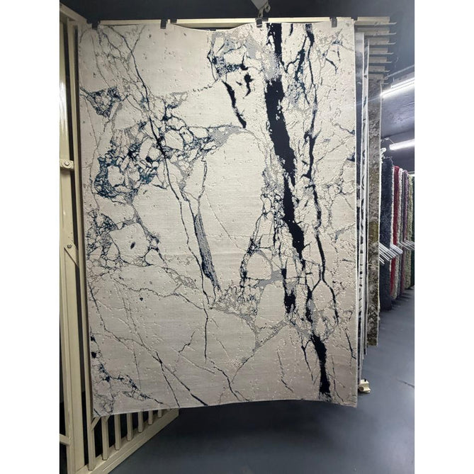 Aurora AU22 Quake Modern Abstract Distressed Marbled Metallic Shimmer Textured High-Density Soft Smooth Low Profile Polyblend Short-Pile Cream/Navy Blue/Blue-Grey/Charcoal/Silver/Pale Blue Rug