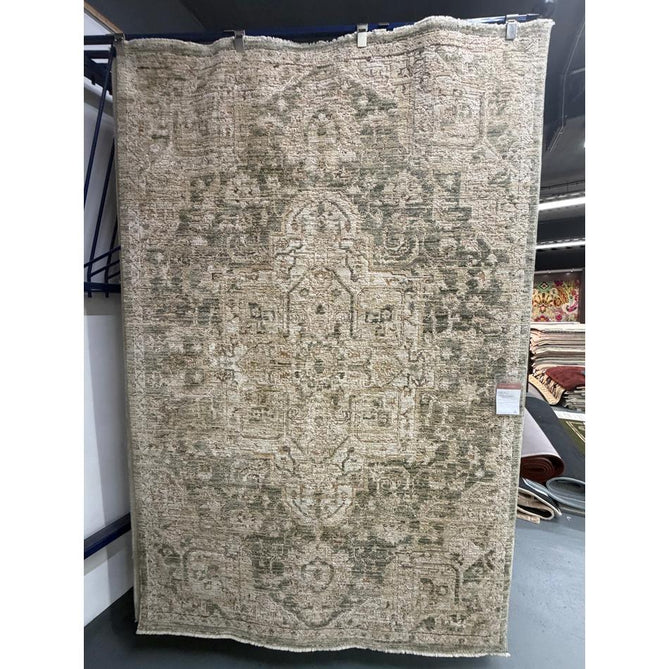 Heriz HE02 Serapi Traditional Persian Vintage Distressed Shimmer Tonal Textured Hi-Lo Space-Dyed Soft-Touch Polyester Low-Profile Short Pile Green Rug