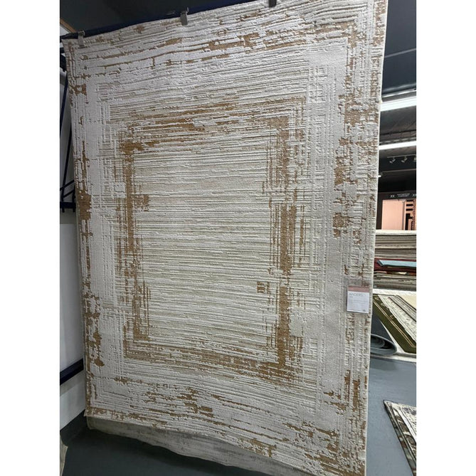 Anders AN05 Modern Abstract Linear Border Distressed Space-Dyed Shimmer Soft Raised Textured Low Profile Short Pile Polyblend Ivory/Golden Beige/Brown Rug