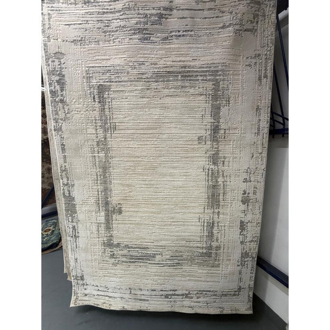 Anders AN06 Modern Abstract Linear Border Distressed Space-Dyed Shimmer Soft Raised Textured Low Profile Short Pile Polyblend Ivory/Beige/Silver/Ash Grey Rug