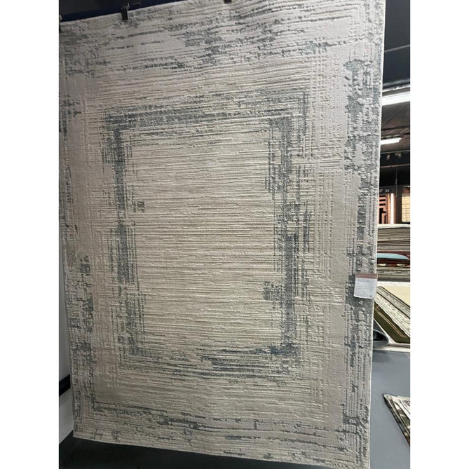 Anders AN07 Modern Abstract Linear Border Distressed Space-Dyed Shimmer Soft Raised Textured Low Profile Short Pile Polyblend Ivory/Beige/Powder Blue Rug