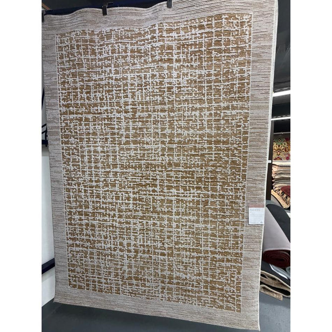 Anders AN11 Modern Criss-Cross Grid Border Distressed Space-Dyed Shimmer Soft Raised Textured Low Profile Short Pile Polyblend Warm Beige Tan/Cream/Taupe/Golden Tan/Mocha Rug