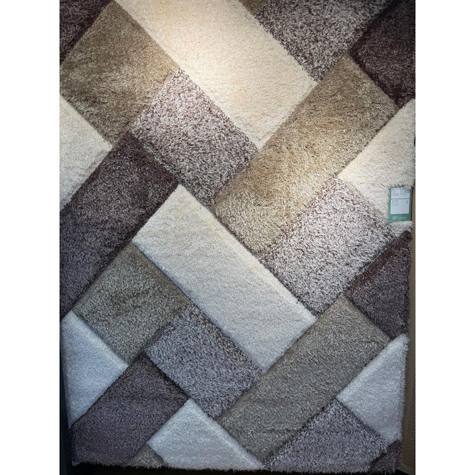 Olympia 2239 Modern 3D Geometric Interlocking Blocks Metallic Shimmer Soft Plush Carved Hi-Lo Textured Tonal Polyester Shaggy Beige/Brown/Cream Rug