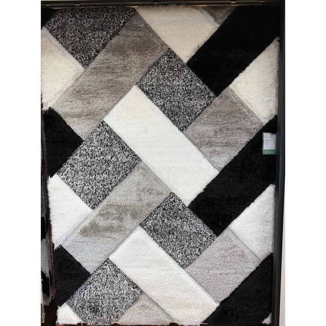 Olympia 2239 Modern 3D Geometric Interlocking Blocks Metallic Shimmer Soft Plush Carved Hi-Lo Textured Tonal Polyester Shaggy Black/White/Grey Rug