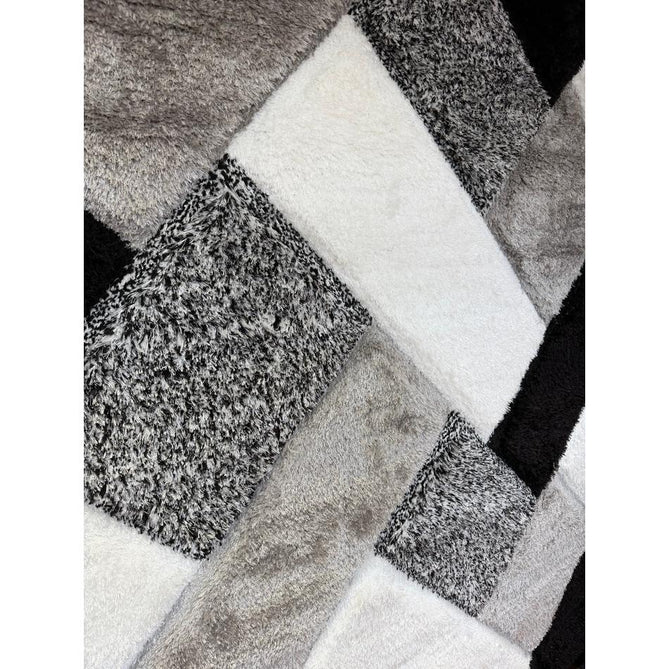 Olympia 2239 Modern 3D Geometric Interlocking Blocks Metallic Shimmer Soft Plush Carved Hi-Lo Textured Tonal Polyester Shaggy Black/White/Grey Rug