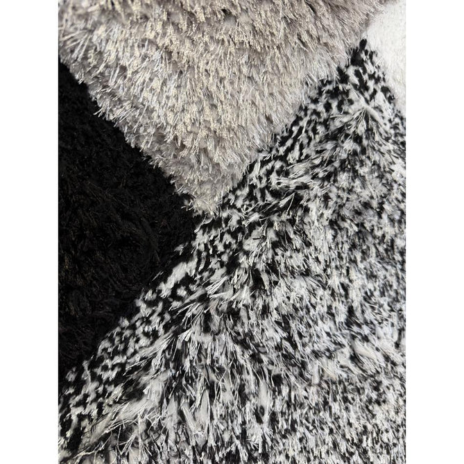 Olympia 2239 Modern 3D Geometric Interlocking Blocks Metallic Shimmer Soft Plush Carved Hi-Lo Textured Tonal Polyester Shaggy Black/White/Grey Rug