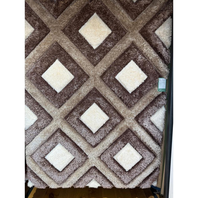Olympia GR224 Modern 3D Geometric Diamond Metallic Shimmer Soft Plush Carved Hi-Lo Textured Tonal Polyester Shaggy Beige/Brown/Cream Rug