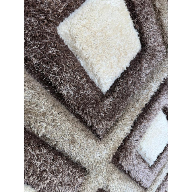 Olympia GR224 Modern 3D Geometric Diamond Metallic Shimmer Soft Plush Carved Hi-Lo Textured Tonal Polyester Shaggy Beige/Brown/Cream Rug