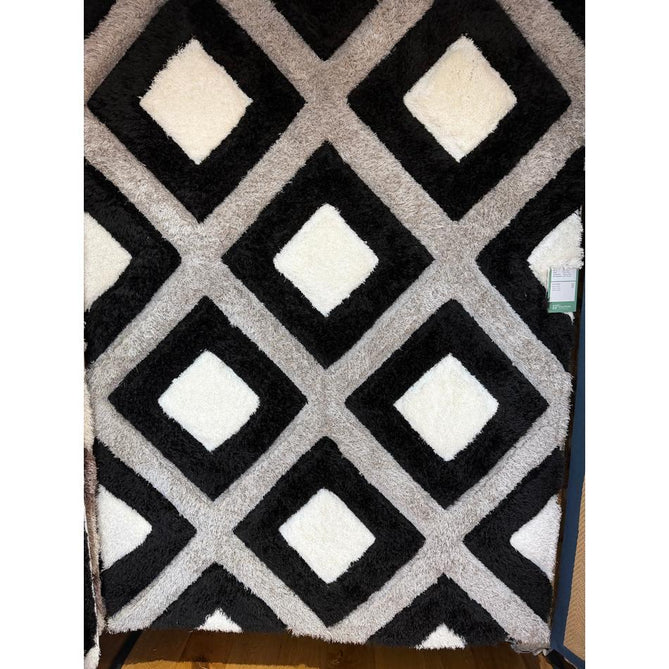 Olympia GR224 Modern 3D Geometric Diamond Metallic Shimmer Soft Plush Carved Hi-Lo Textured Tonal Polyester Shaggy Black/White/Grey Rug