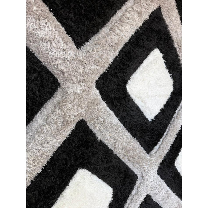 Olympia GR224 Modern 3D Geometric Diamond Metallic Shimmer Soft Plush Carved Hi-Lo Textured Tonal Polyester Shaggy Black/White/Grey Rug