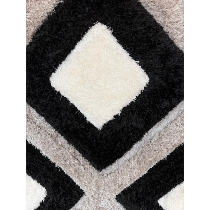 Olympia GR224 Modern 3D Geometric Diamond Metallic Shimmer Soft Plush Carved Hi-Lo Textured Tonal Polyester Shaggy Black/White/Grey Rug