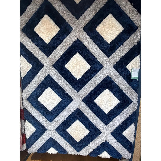 Olympia GR224 Modern 3D Geometric Diamond Metallic Shimmer Soft Plush Carved Hi-Lo Textured Tonal Polyester Shaggy Grey/Navy/Cream Rug