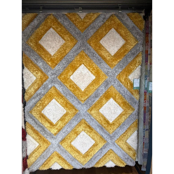 Olympia GR224 Modern 3D Geometric Diamond Metallic Shimmer Soft Plush Carved Hi-Lo Textured Tonal Polyester Shaggy Grey/Yellow/Cream Rug