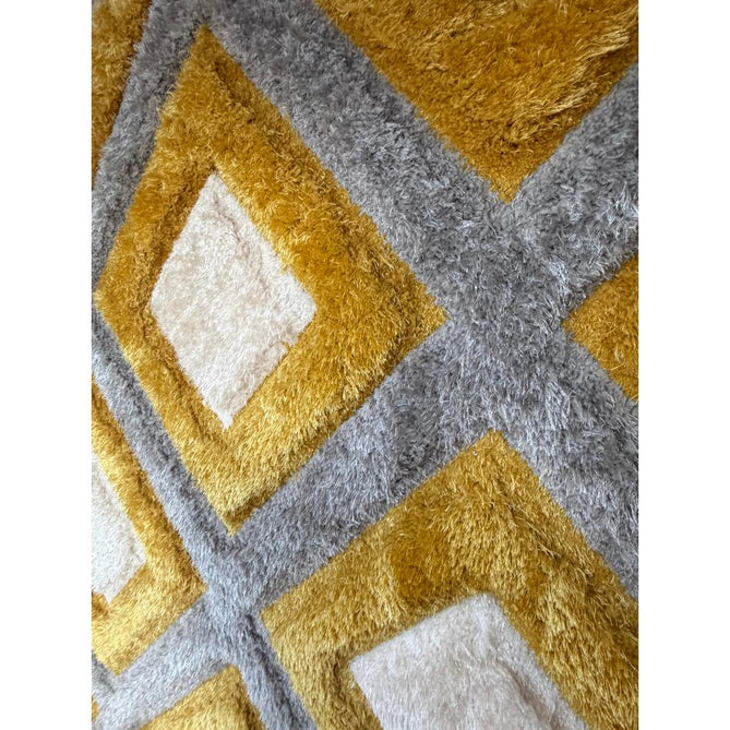 Olympia GR224 Modern 3D Geometric Diamond Metallic Shimmer Soft Plush Carved Hi-Lo Textured Tonal Polyester Shaggy Grey/Yellow/Cream Rug