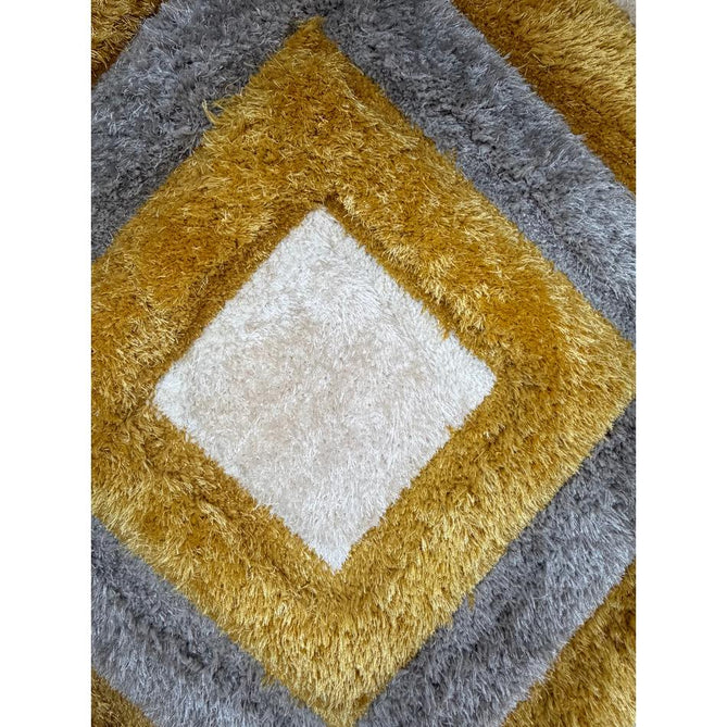 Olympia GR224 Modern 3D Geometric Diamond Metallic Shimmer Soft Plush Carved Hi-Lo Textured Tonal Polyester Shaggy Grey/Yellow/Cream Rug