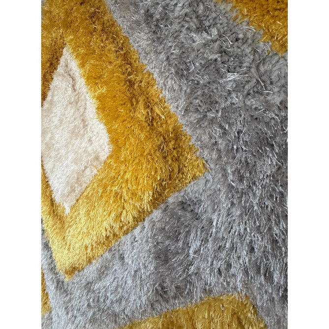 Olympia GR224 Modern 3D Geometric Diamond Metallic Shimmer Soft Plush Carved Hi-Lo Textured Tonal Polyester Shaggy Grey/Yellow/Cream Rug