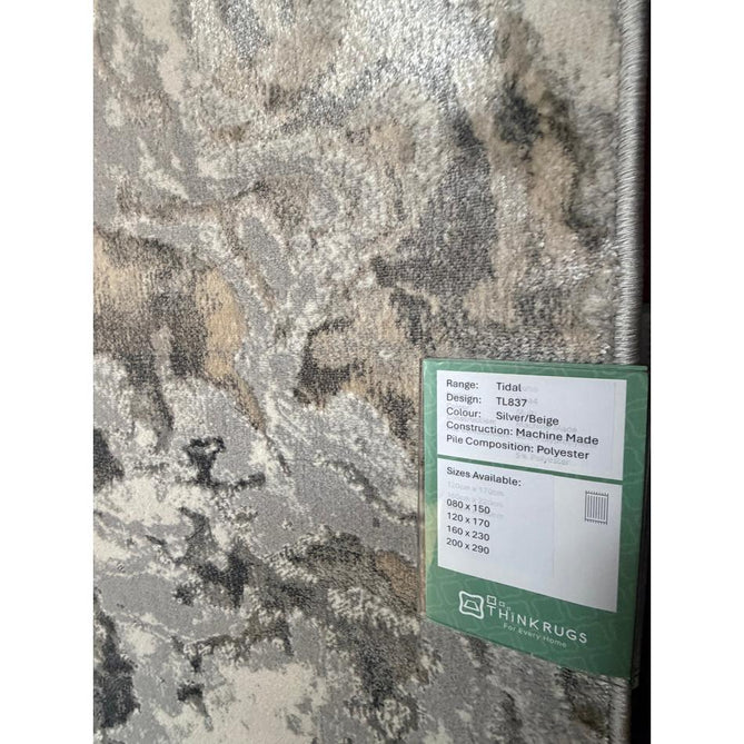 Tidal TL837 Modern Abstract Distressed Metallic Shimmer Soft Smooth Textured Polyester Low Profile Short Pile Silver/Beige/Cream/Charcoal Rug