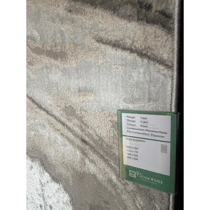 Tidal TL841 Modern Abstract Distressed Metallic Shimmer Soft Smooth Textured Polyester Low Profile Short Pile Silver/Grey/Cream Rug