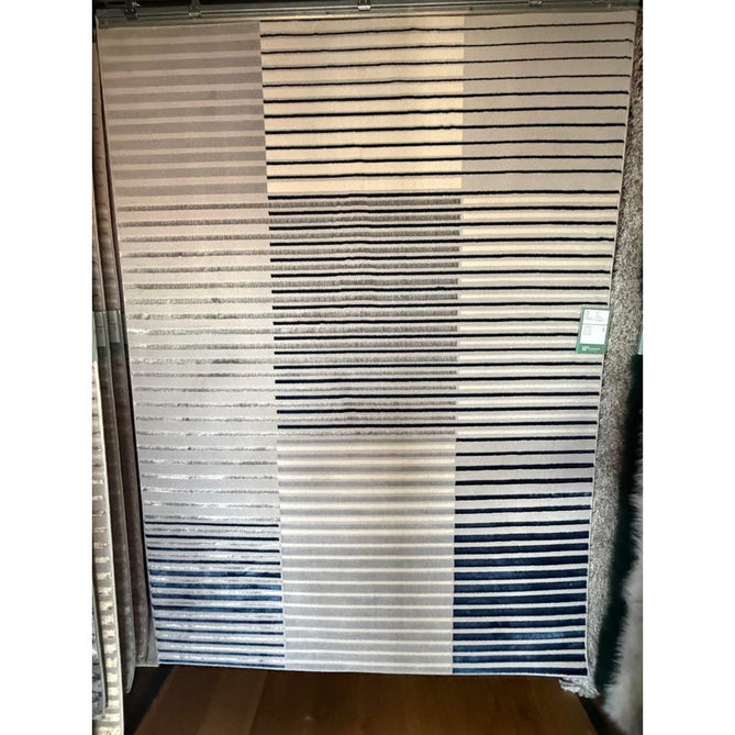 Apollo 2681 Modern Geometric Striped Linear Blocks Distressed Metallic Shimmer High-Density Textured Low Profile Short-Pile Grey/Navy/Cream Rug