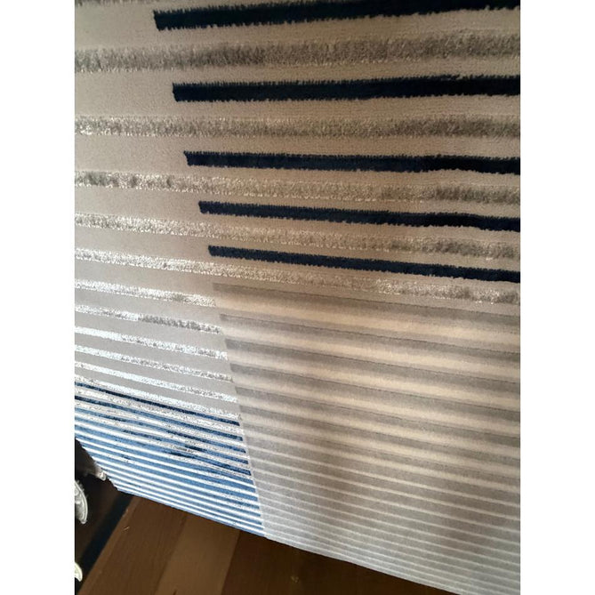Apollo 2681 Modern Geometric Striped Linear Blocks Distressed Metallic Shimmer High-Density Textured Low Profile Short-Pile Grey/Navy/Cream Rug
