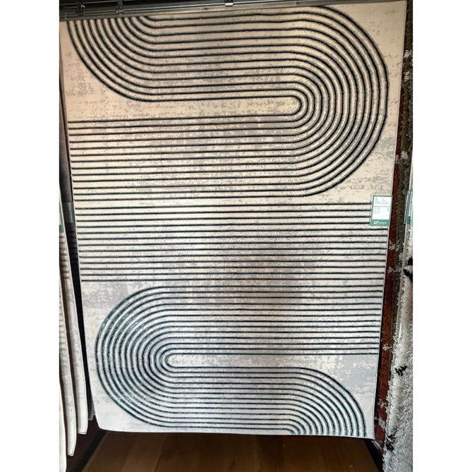 Apollo 2683 Modern Geometric Swirl Distressed Metallic Shimmer High-Density Textured Low Profile Short-Pile Grey/TealGreen/Cream Rug