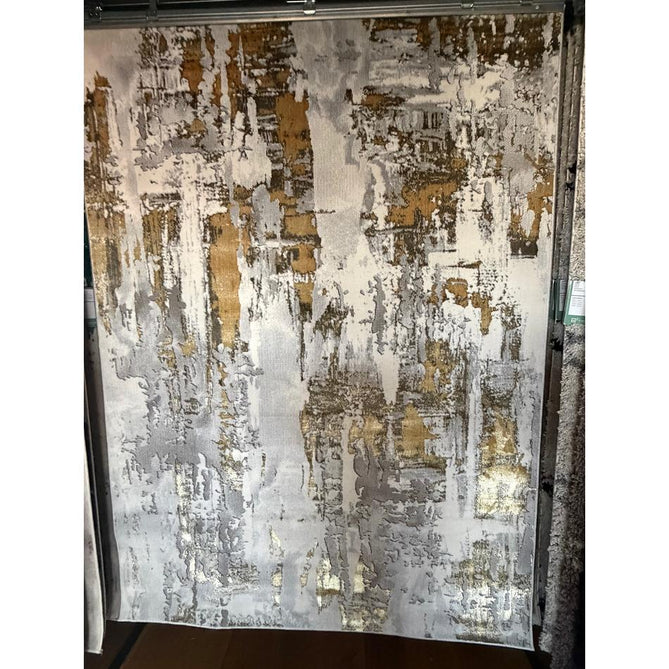 Apollo GR579 Modern Abstract Distressed Metallic Shimmer High-Density Textured Low Profile Short-Pile Grey/Gold/Cream Rug