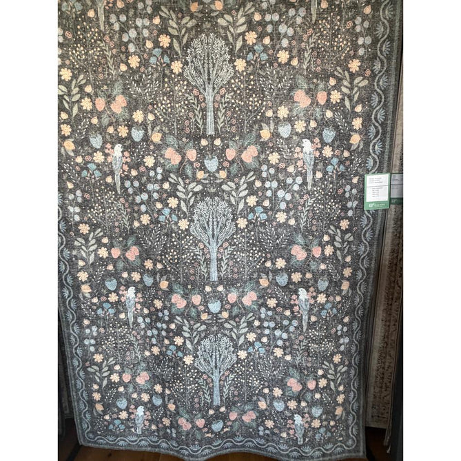 Washable Versailles H1373 Traditional Floral Border Distressed Soft Digitally Printed Lightweight Textured Polyester Flatweave Charcoal Black/Midnight Blue/Steel Blue/Powder Blue/Blush Pink Rug