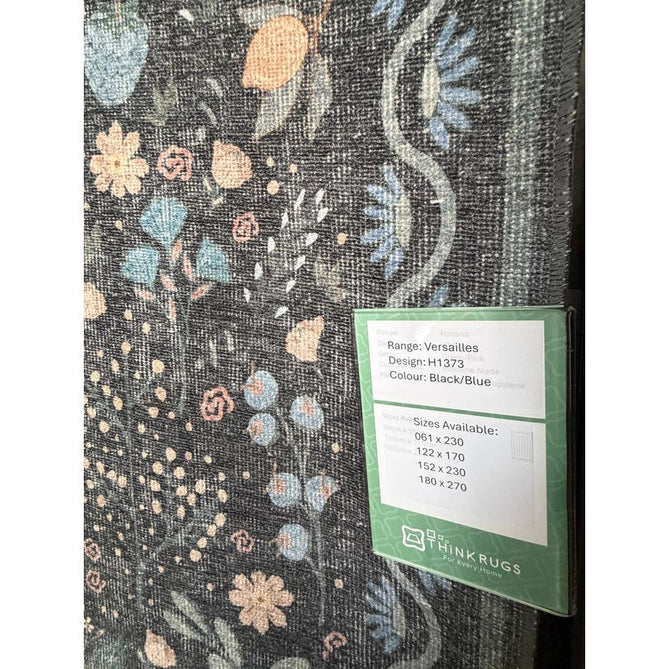 Washable Versailles H1373 Traditional Floral Border Distressed Soft Digitally Printed Lightweight Textured Polyester Flatweave Charcoal Black/Midnight Blue/Steel Blue/Powder Blue/Blush Pink Rug