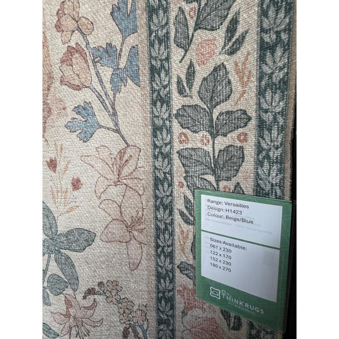 Washable Versailles H1423 Traditional Floral Border Distressed Soft Digitally Printed Lightweight Textured Polyester Flatweave Soft Beige/Powder Blue/Blush Pink Rug