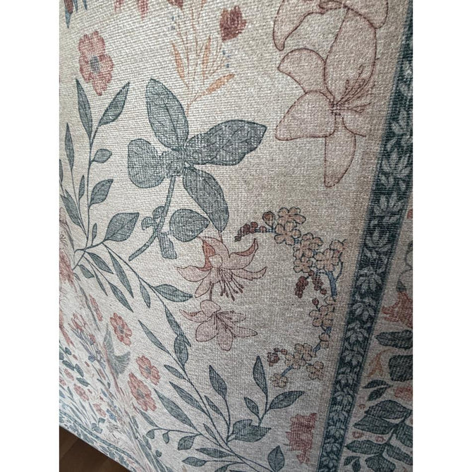 Washable Versailles H1423 Traditional Floral Border Distressed Soft Digitally Printed Lightweight Textured Polyester Flatweave Soft Beige/Powder Blue/Blush Pink Rug
