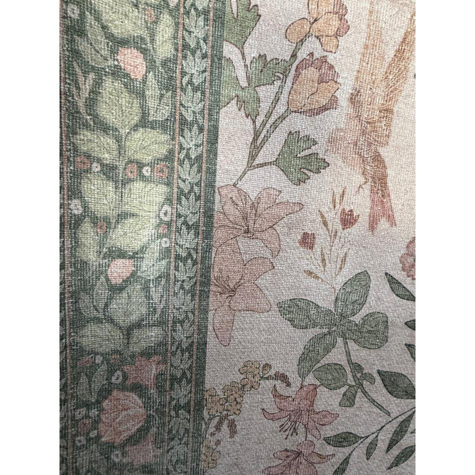 Washable Versailles H1423 Traditional Floral Border Distressed Soft Digitally Printed Lightweight Textured Polyester Flatweave Light Beige/Sage Green/Warm Rose Rug