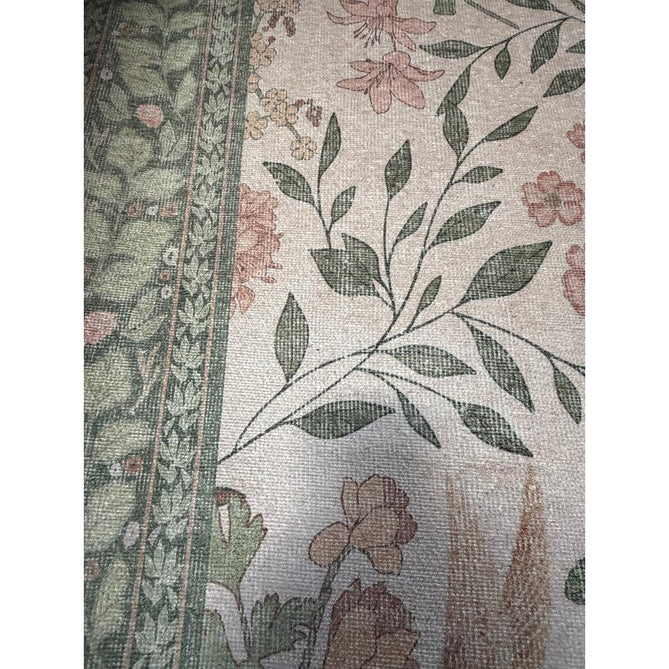 Washable Versailles H1423 Traditional Floral Border Distressed Soft Digitally Printed Lightweight Textured Polyester Flatweave Light Beige/Sage Green/Warm Rose Rug