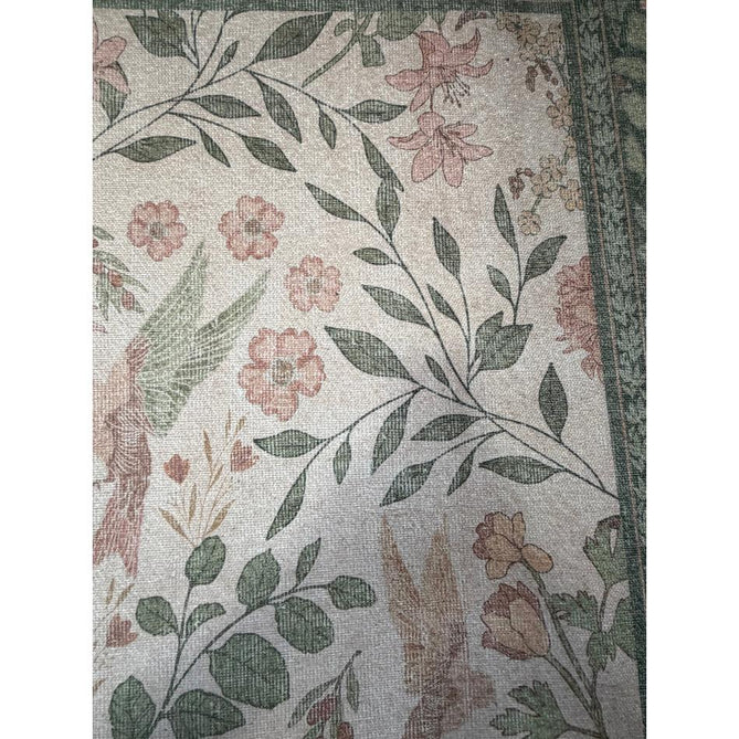 Washable Versailles H1423 Traditional Floral Border Distressed Soft Digitally Printed Lightweight Textured Polyester Flatweave Light Beige/Sage Green/Warm Rose Rug