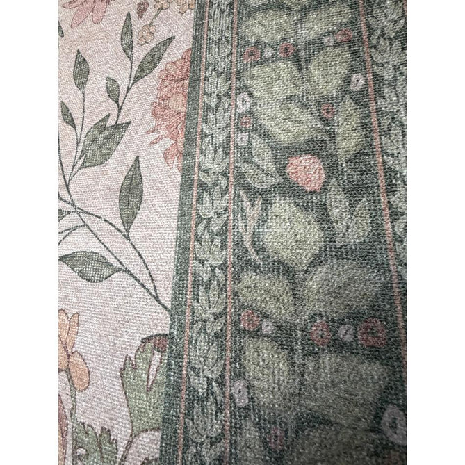 Washable Versailles H1423 Traditional Floral Border Distressed Soft Digitally Printed Lightweight Textured Polyester Flatweave Light Beige/Sage Green/Warm Rose Rug