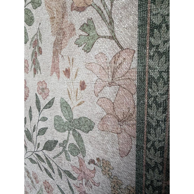 Washable Versailles H1423 Traditional Floral Border Distressed Soft Digitally Printed Lightweight Textured Polyester Flatweave Light Beige/Sage Green/Warm Rose Rug