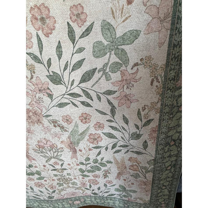Washable Versailles H1423 Traditional Floral Border Distressed Soft Digitally Printed Lightweight Textured Polyester Flatweave Light Beige/Sage Green/Warm Rose Rug