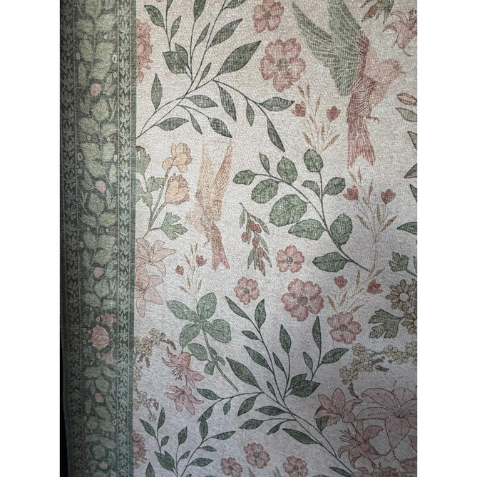 Washable Versailles H1423 Traditional Floral Border Distressed Soft Digitally Printed Lightweight Textured Polyester Flatweave Light Beige/Sage Green/Warm Rose Rug