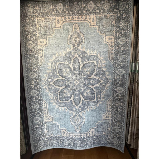 Washable Zahra S0063 Traditional Vintage Distressed Medallion Border Digitally Printed Lightweight Textured Polyester Flatweave Light Sky Blue/Slate Blue/Ivory Rug