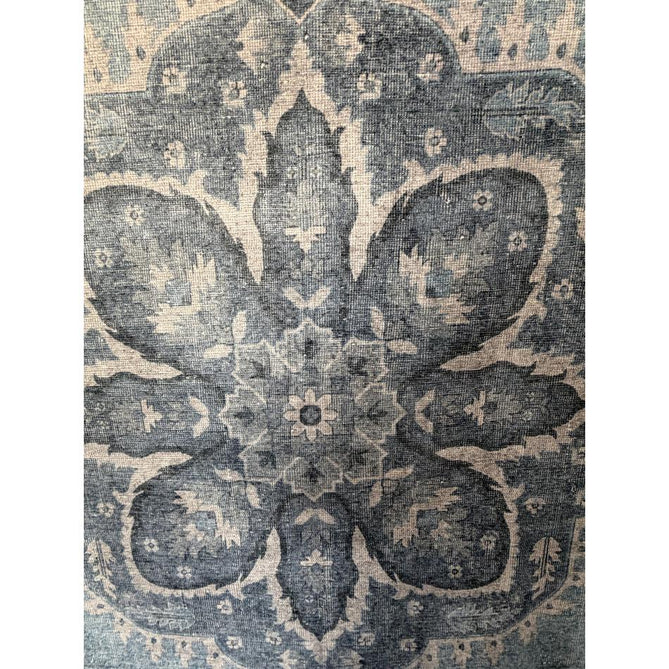 Washable Zahra S0063 Traditional Vintage Distressed Medallion Border Digitally Printed Lightweight Textured Polyester Flatweave Light Sky Blue/Slate Blue/Ivory Rug