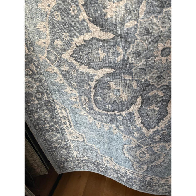 Washable Zahra S0063 Traditional Vintage Distressed Medallion Border Digitally Printed Lightweight Textured Polyester Flatweave Light Sky Blue/Slate Blue/Ivory Rug