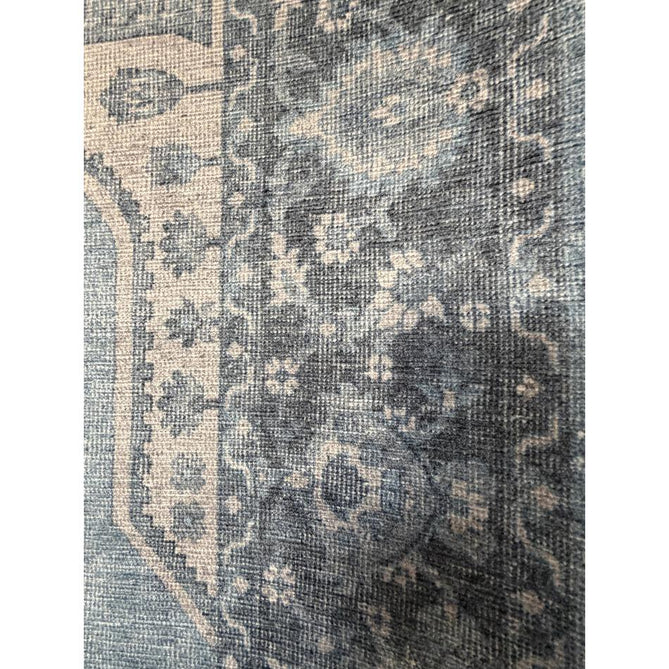 Washable Zahra S0063 Traditional Vintage Distressed Medallion Border Digitally Printed Lightweight Textured Polyester Flatweave Light Sky Blue/Slate Blue/Ivory Rug
