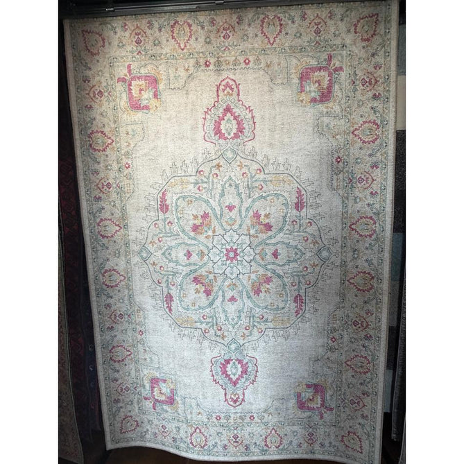 Washable Zahra S0063 Traditional Vintage Distressed Medallion Border Digitally Printed Lightweight Textured Polyester Flatweave Warm Cream/Pastel Pink/Rose/Powder Blue/Peach/Golden Beige Rug