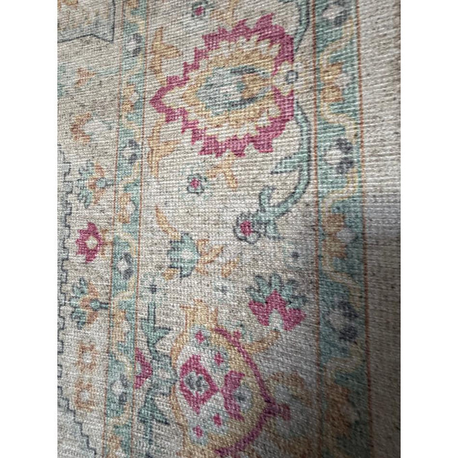 Washable Zahra S0063 Traditional Vintage Distressed Medallion Border Digitally Printed Lightweight Textured Polyester Flatweave Warm Cream/Pastel Pink/Rose/Powder Blue/Peach/Golden Beige Rug