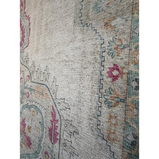 Washable Zahra S0063 Traditional Vintage Distressed Medallion Border Digitally Printed Lightweight Textured Polyester Flatweave Warm Cream/Pastel Pink/Rose/Powder Blue/Peach/Golden Beige Rug