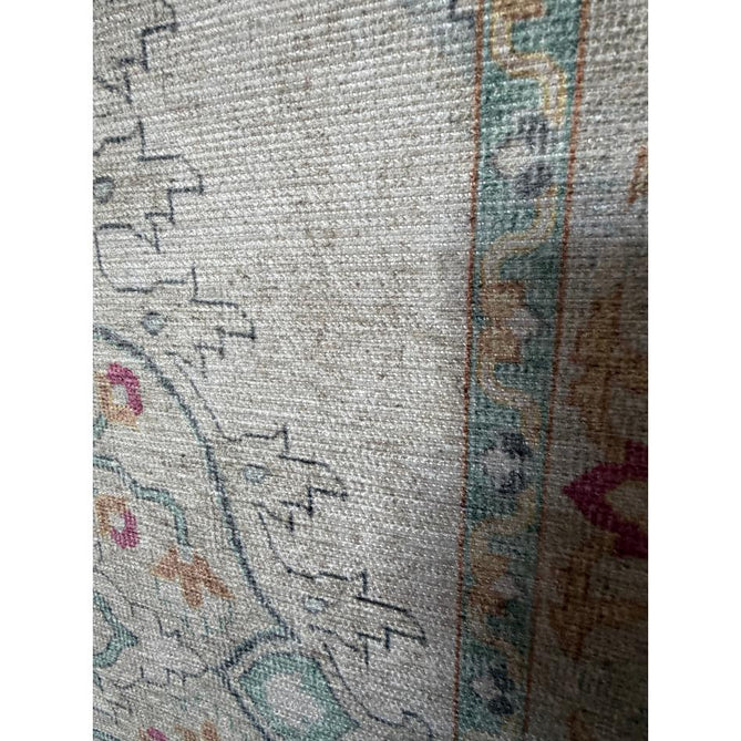 Washable Zahra S0063 Traditional Vintage Distressed Medallion Border Digitally Printed Lightweight Textured Polyester Flatweave Warm Cream/Pastel Pink/Rose/Powder Blue/Peach/Golden Beige Rug